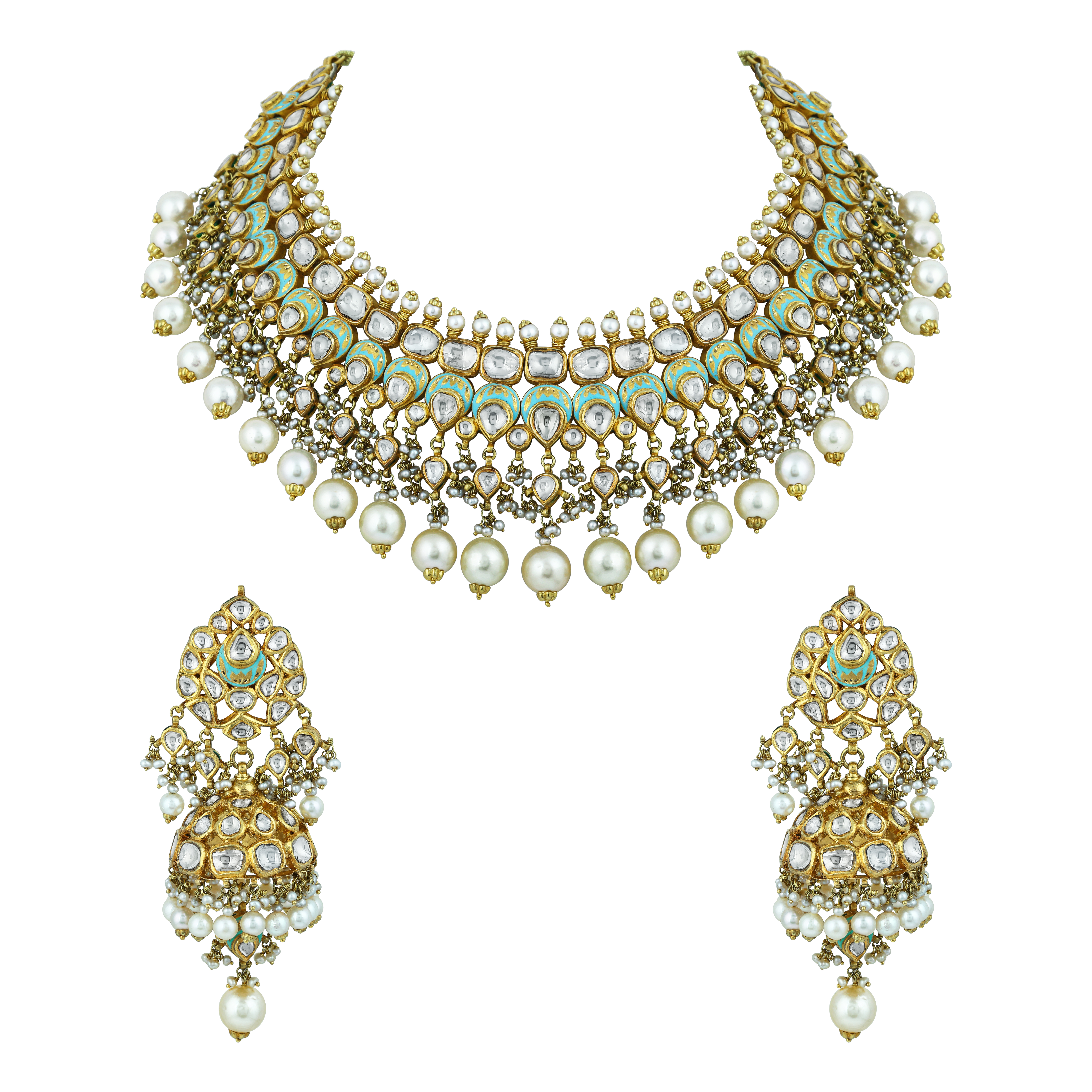 Mint Meenakari Necklace Set with Polki & Pearls